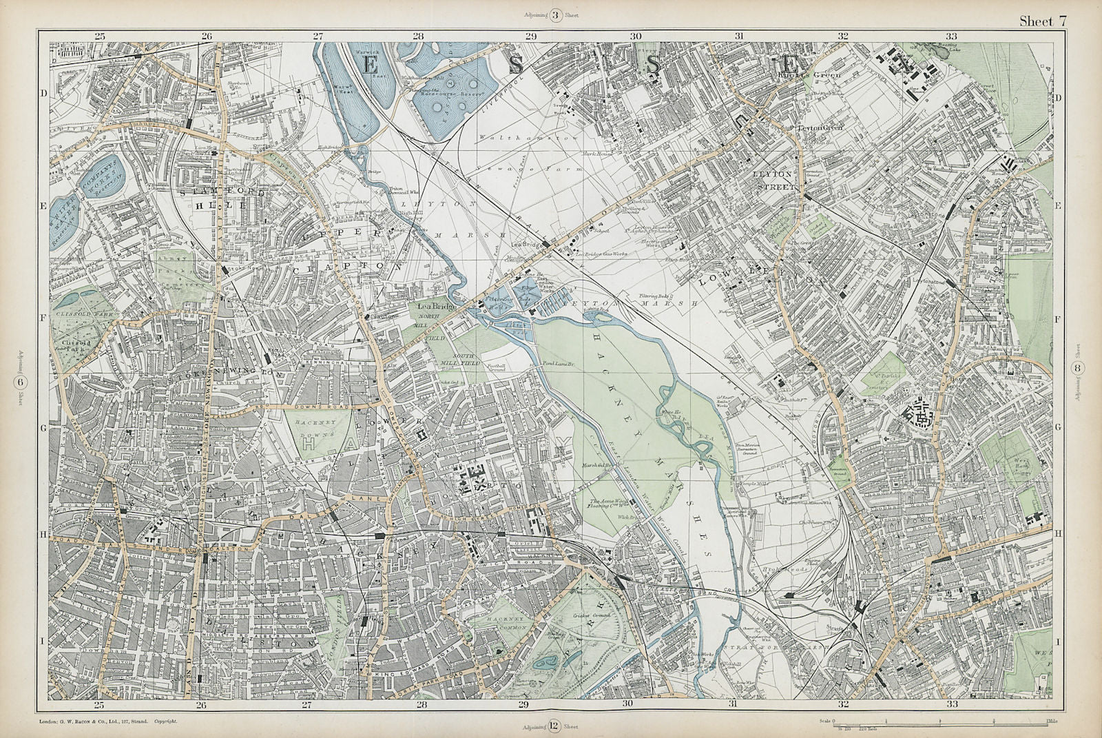 HACKNEY STRATFORD LEYTON/STONE STOKE NEWINGTON Clapton Dalston. BACON  1906 map